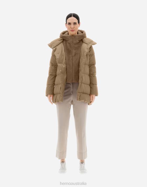 SATIN AND FAUX FUR A-LINE JACKET Herno Women Camel 2L0H194 Outerwear