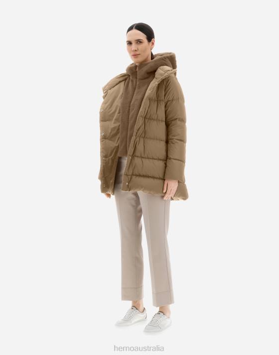 SATIN AND FAUX FUR A-LINE JACKET Herno Women Camel 2L0H194 Outerwear